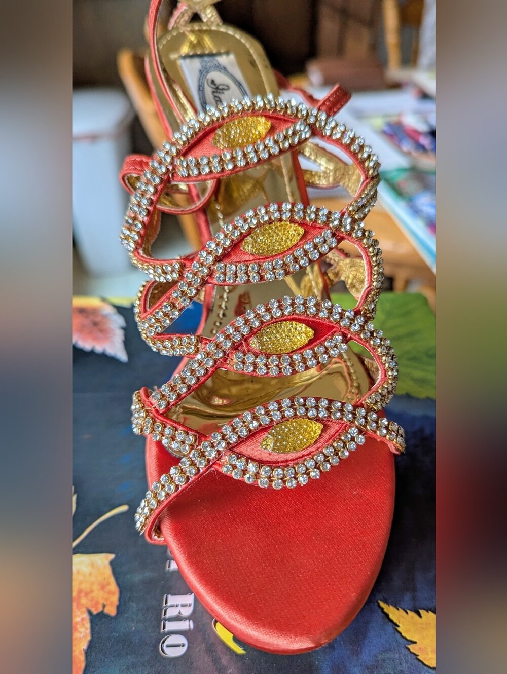 Italina Brand Women's Orange and Gold Crystal Strappy Sandals